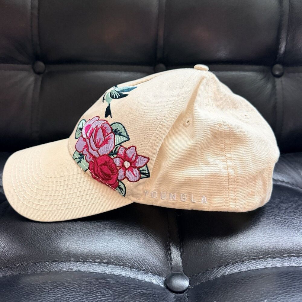 YoungLA Floral Hummingbird Embroidered Baseball Cap Beige Adjustable Cotton Hat - Picture 5 of 15